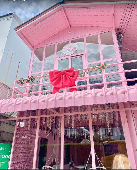 Pink ChaBell shopfront with red bow